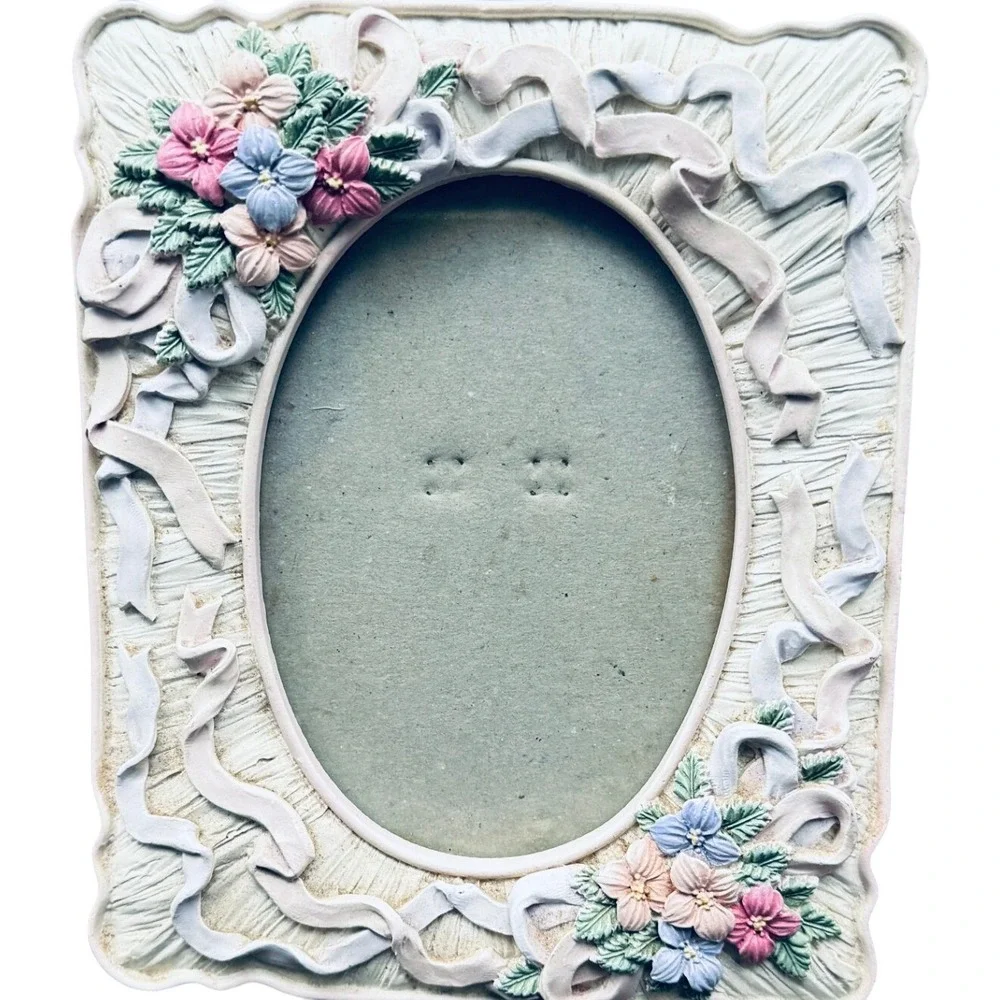 Vintage Pastel 3D Floral Ribbon Bow Picture Frame Oval Resin White Pink Blue 5x7